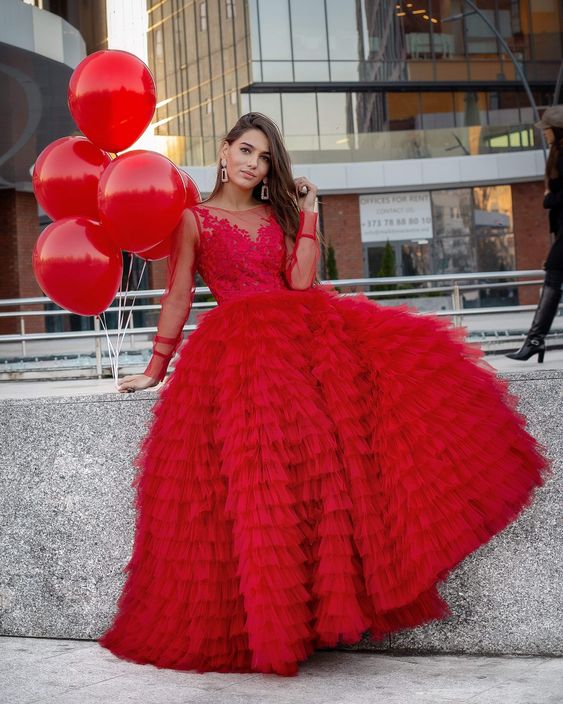 image of ruffled bright red gown